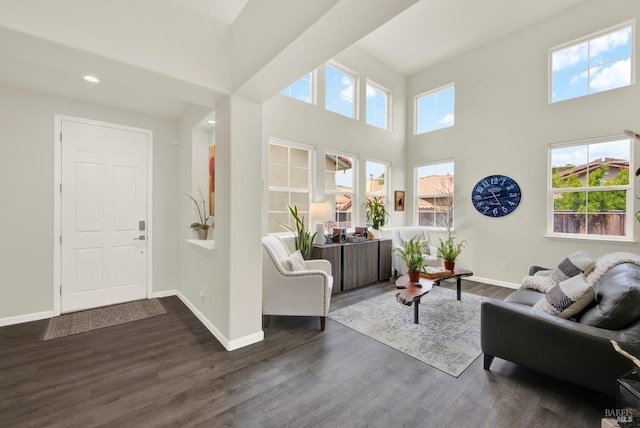 living room with baseboards, wood finished floors, a high ceiling, and recessed lighting