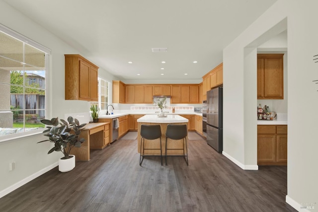 kitchen with light countertops, a sink, dark wood-type flooring, and appliances with stainless steel finishes