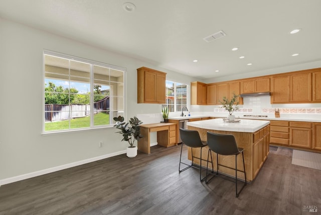 kitchen with visible vents, plenty of natural light, under cabinet range hood, and a kitchen island