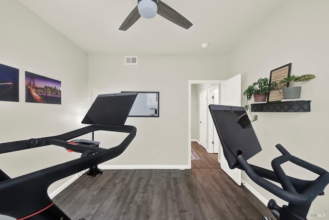 workout room featuring baseboards, wood finished floors, visible vents, and ceiling fan