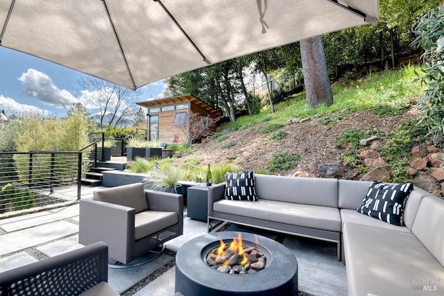 11 Cedar St, San Anselmo, CA 94960 - view of patio / terrace featuring an outbuilding and an outdoor living space with a fire pit