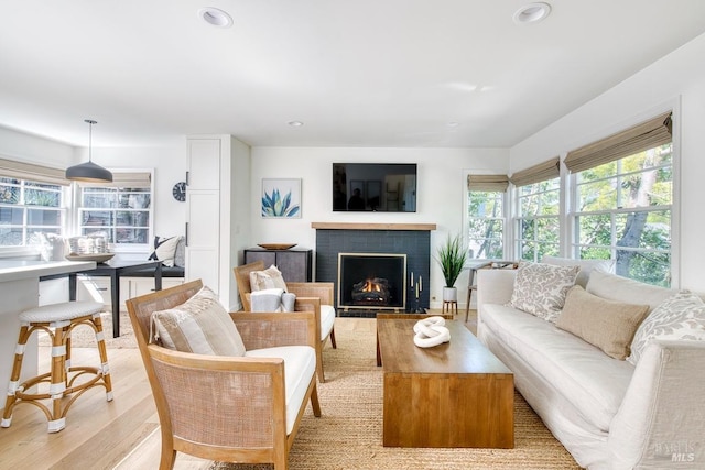 11 Cedar St, San Anselmo, CA 94960 - living area with light wood finished floors, a fireplace, and recessed lighting