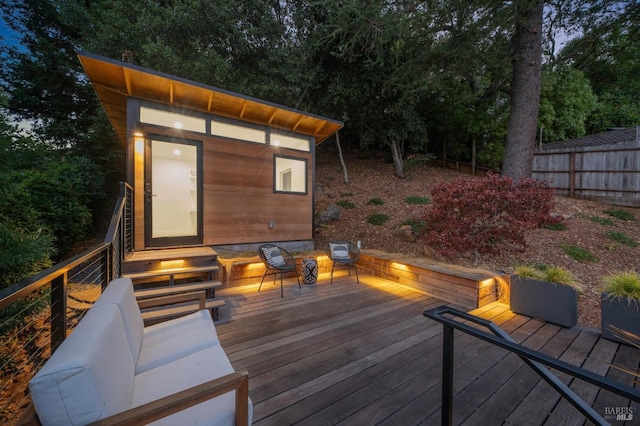 11 Cedar St, San Anselmo, CA 94960 - wooden terrace featuring an outdoor hangout area, an outbuilding, and fence