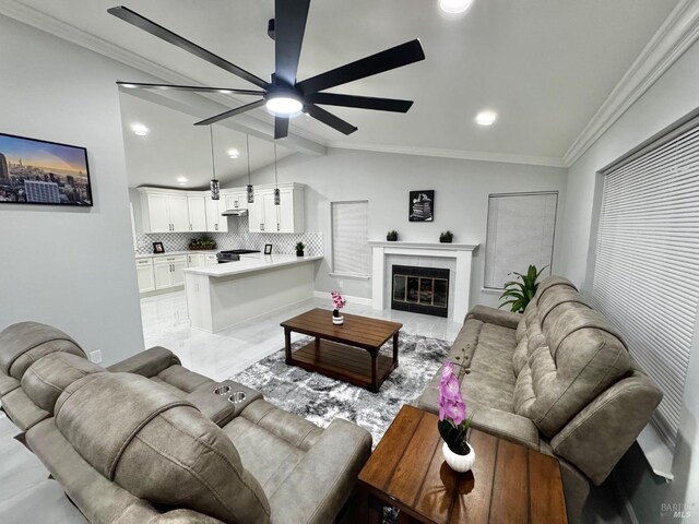 4187 Tokay Dr, Napa, CA 94558 - living area with a ceiling fan, recessed lighting, ornamental molding, and a tiled fireplace