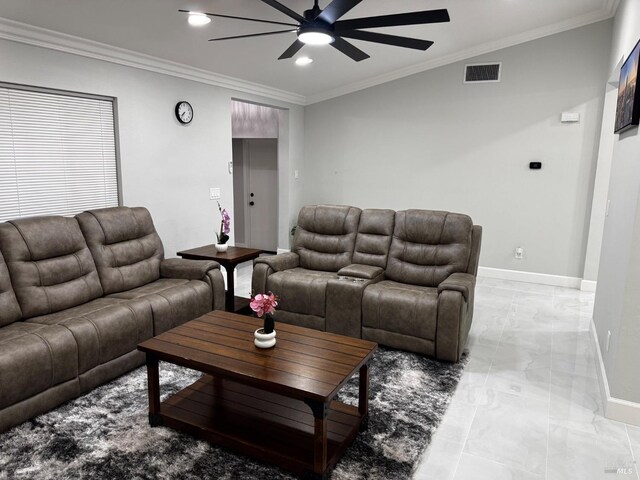 4187 Tokay Dr, Napa, CA 94558 - living room with ceiling fan, light marble finish floors, ornamental molding, baseboards, and recessed lighting