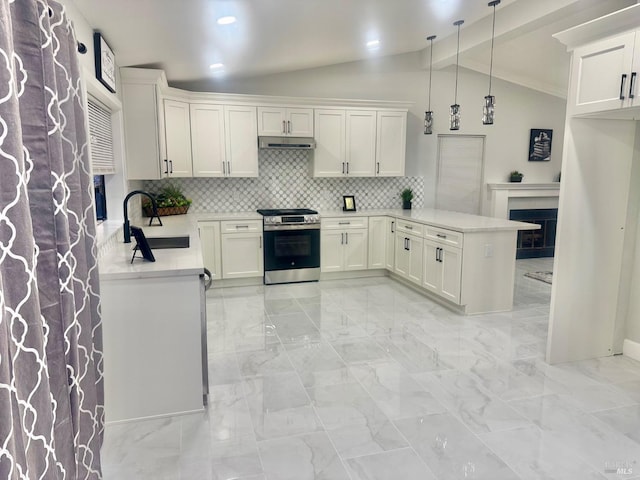 kitchen with a sink, lofted ceiling with beams, stainless steel electric stove, marble finish floor, and a peninsula