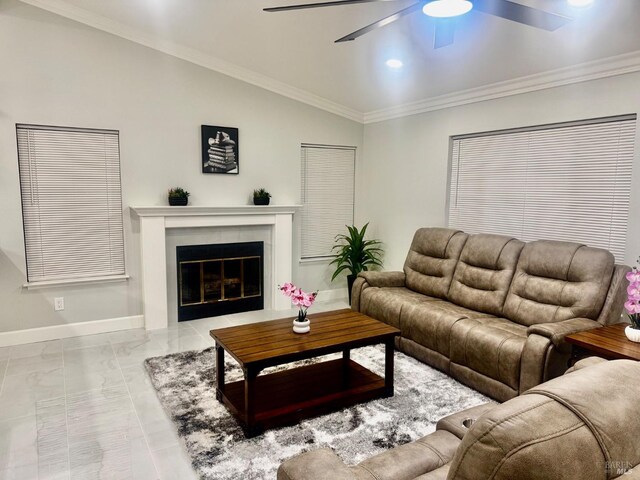 4187 Tokay Dr, Napa, CA 94558 - living area with ceiling fan, marble finish floors, baseboards, lofted ceiling, and a glass covered fireplace