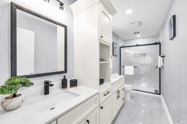4187 Tokay Dr, Napa, CA 94558 - full bathroom with marble tiled flooring, toilet, a stall shower, vanity, and recessed lighting