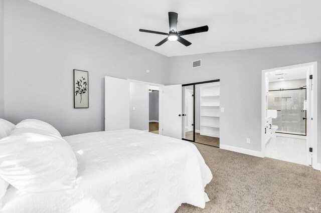 4187 Tokay Dr, Napa, CA 94558 - bedroom featuring carpet, lofted ceiling, baseboards, connected bathroom, and a ceiling fan
