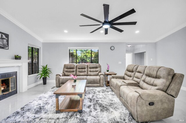 4187 Tokay Dr, Napa, CA 94558 - living area with ceiling fan, crown molding, recessed lighting, a glass covered fireplace, and baseboards