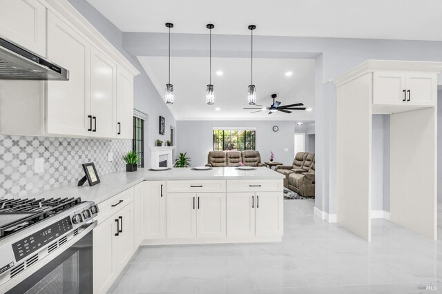 4187 Tokay Dr, Napa, CA 94558 - kitchen featuring stainless steel range with gas stovetop, a ceiling fan, a peninsula, open floor plan, and decorative backsplash