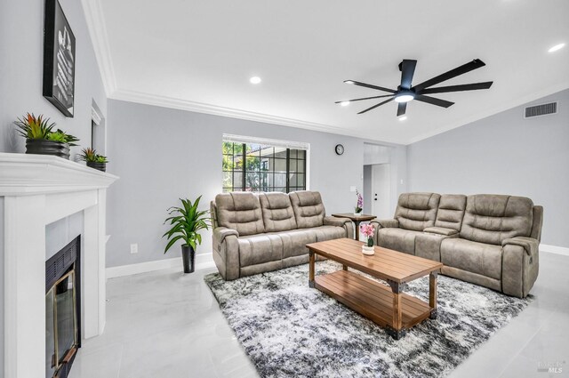 4187 Tokay Dr, Napa, CA 94558 - living area featuring ornamental molding, a ceiling fan, a glass covered fireplace, recessed lighting, and baseboards