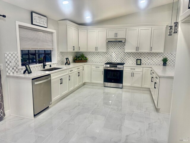 4187 Tokay Dr, Napa, CA 94558 - kitchen with appliances with stainless steel finishes, a sink, light marble finish floors, ventilation hood, and light countertops