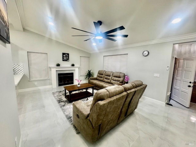living area featuring ceiling fan, ornamental molding, marble finish floor, and a fireplace