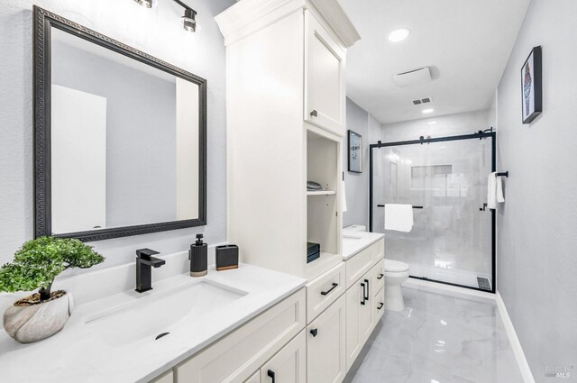 4187 Tokay Dr, Napa, CA 94558 - bathroom with marble tiled floors, toilet, a shower stall, vanity, and recessed lighting