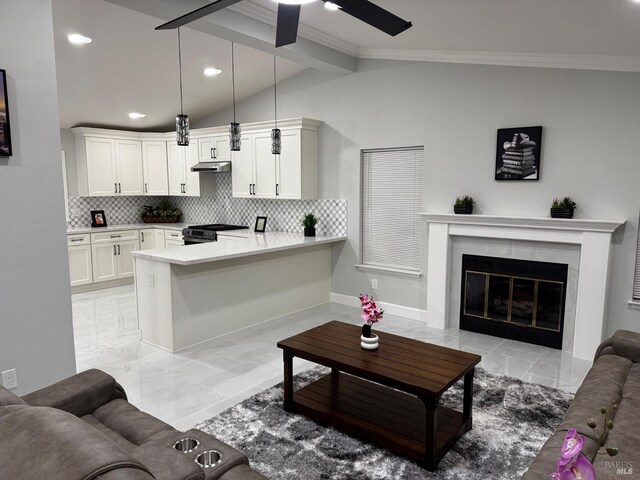 4187 Tokay Dr, Napa, CA 94558 - kitchen featuring open floor plan, black range, decorative backsplash, a peninsula, and crown molding