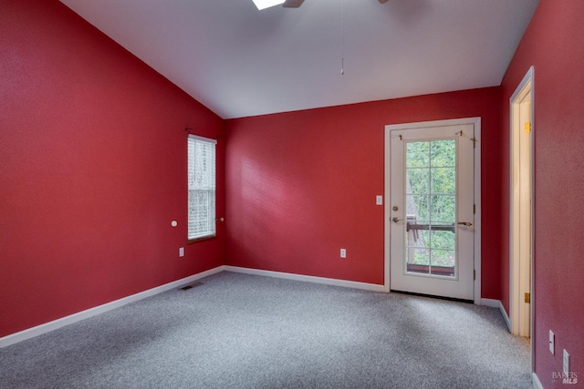16589 Glenda Dr, Guerneville, CA 95446 - empty room with vaulted ceiling, ceiling fan, carpet, and baseboards