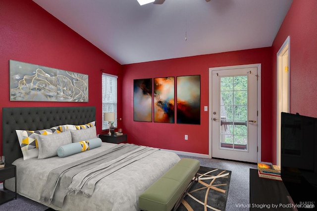 16589 Glenda Dr, Guerneville, CA 95446 - bedroom with lofted ceiling, carpet flooring, access to outside, baseboards, and a ceiling fan