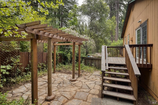 16589 Glenda Dr, Guerneville, CA 95446 - fenced backyard featuring stairs, a patio, a wooden deck, and a pergola