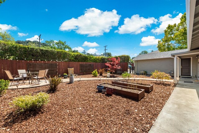 view of yard featuring fence, a patio area, and a vegetable garden