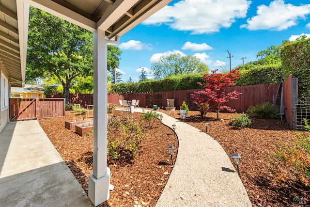 view of yard with a patio area, a fenced backyard, and a vegetable garden