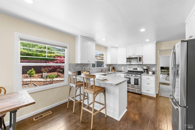kitchen featuring stainless steel appliances, a peninsula, visible vents, and a healthy amount of sunlight