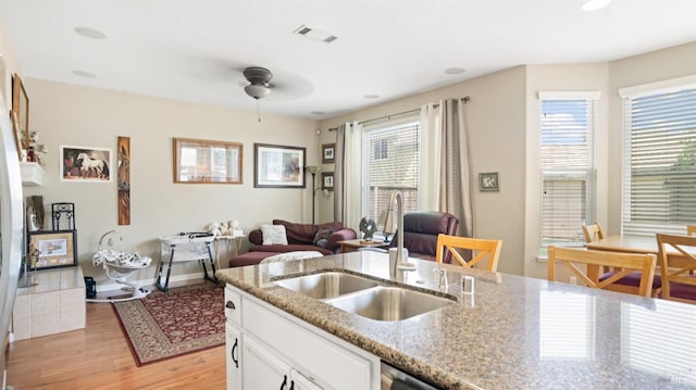 1220 Bello Dr, Dixon, CA 95620 - kitchen featuring white cabinets, a sink, visible vents, light wood-style floors, and ceiling fan