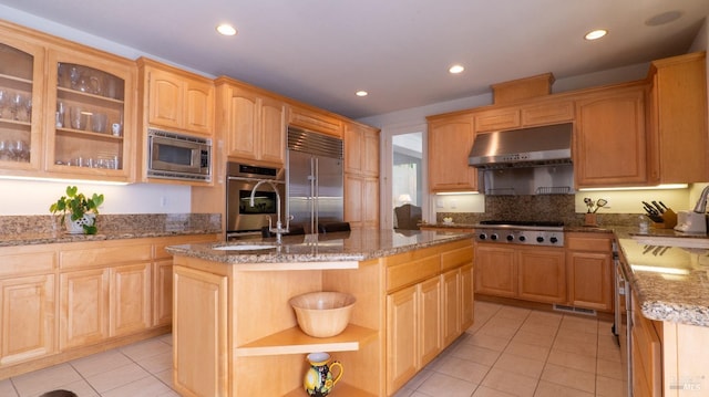 kitchen with built in appliances, under cabinet range hood, open shelves, and recessed lighting