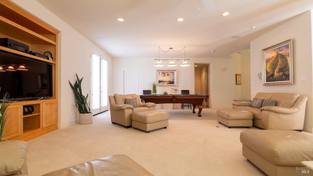 living room featuring pool table, carpet, and recessed lighting