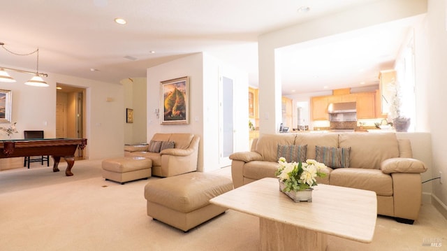 living area with light colored carpet, pool table, and recessed lighting