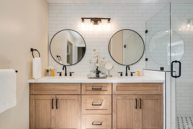 431 Seymour St, Napa, CA 94559 - full bathroom with a shower stall, double vanity, and tasteful backsplash