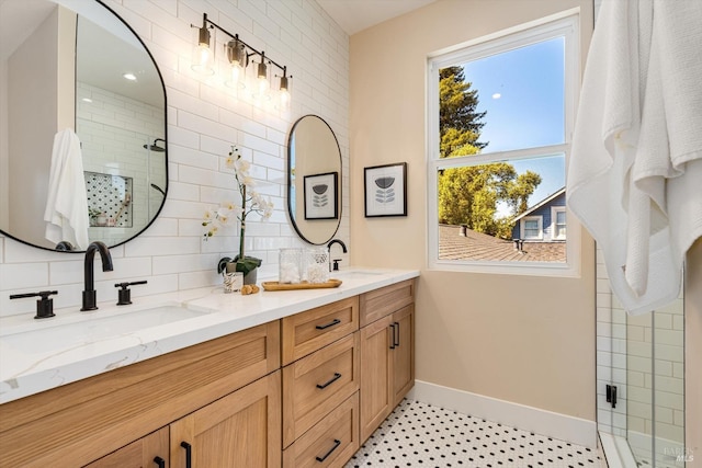 431 Seymour St, Napa, CA 94559 - bathroom featuring a stall shower, decorative backsplash, baseboards, and plenty of natural light