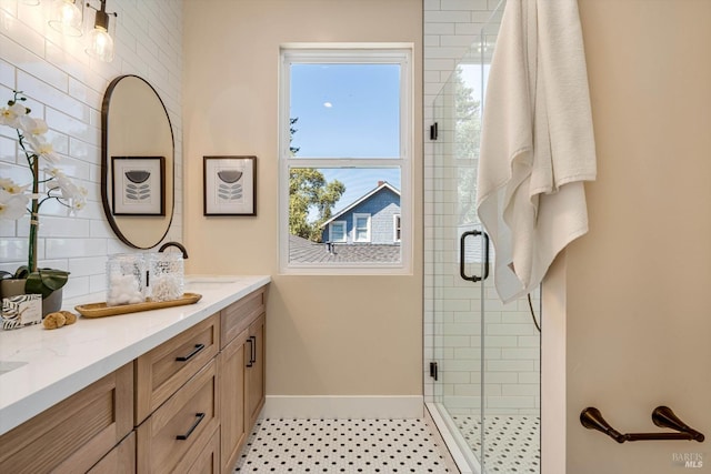 431 Seymour St, Napa, CA 94559 - full bathroom featuring baseboards, a stall shower, and double vanity