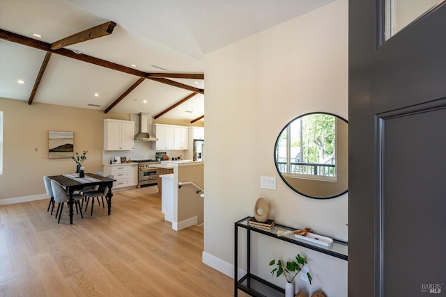 431 Seymour St, Napa, CA 94559 - foyer entrance featuring beamed ceiling, light wood finished floors, recessed lighting, high vaulted ceiling, and baseboards