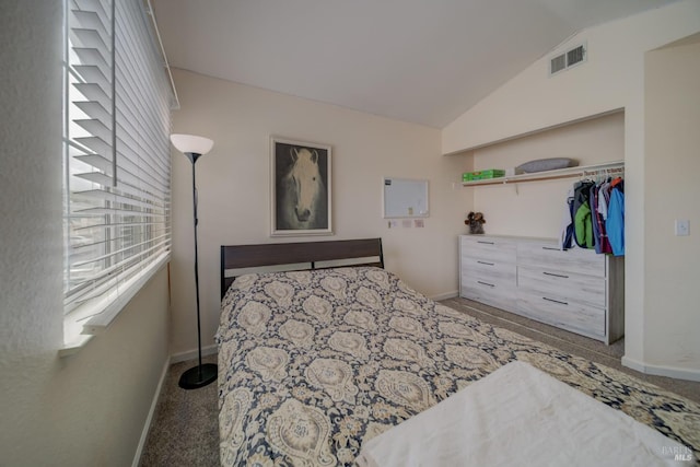 bedroom with baseboards, vaulted ceiling, visible vents, and carpet flooring