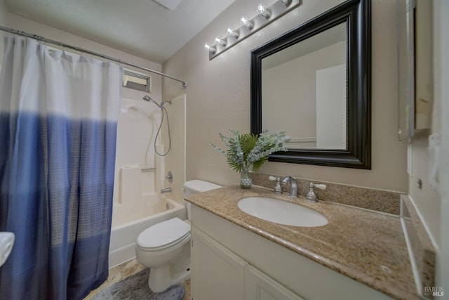 full bathroom with toilet, vanity, and shower / bathtub combination with curtain