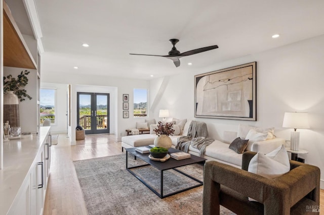45 Golden Hind Psge, Corte Madera, CA 94925 - living area featuring light wood finished floors, a ceiling fan, french doors, and recessed lighting