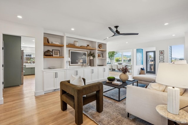 45 Golden Hind Psge, Corte Madera, CA 94925 - living room featuring light wood finished floors, a ceiling fan, visible vents, and recessed lighting
