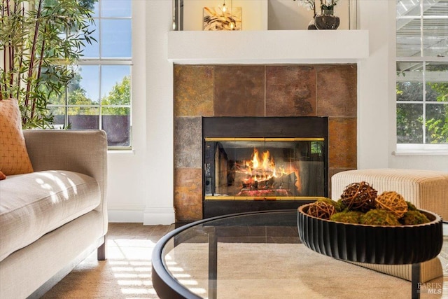 details featuring a tile fireplace and baseboards