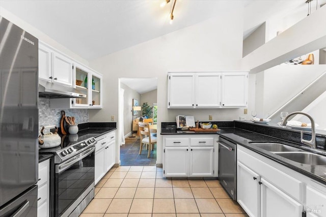 kitchen with dark countertops, under cabinet range hood, a sink, and appliances with stainless steel finishes