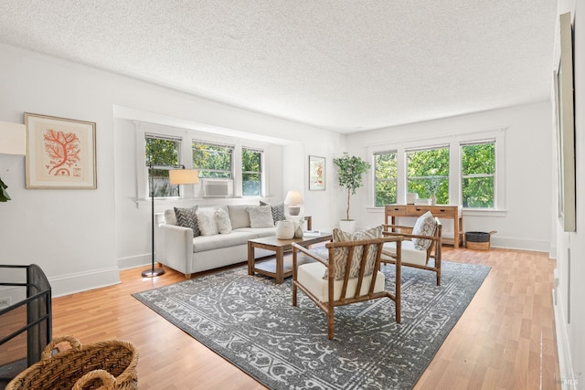 living room featuring light wood-style floors, plenty of natural light, a textured ceiling, and baseboards