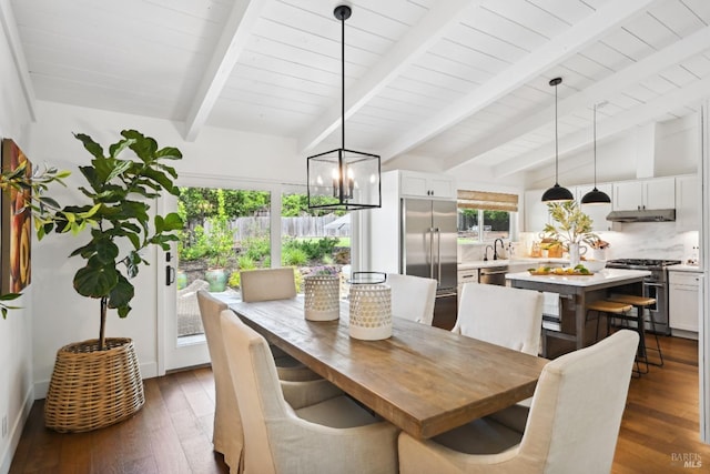 dining area with dark wood-type flooring, vaulted ceiling with beams, wooden ceiling, and a notable chandelier