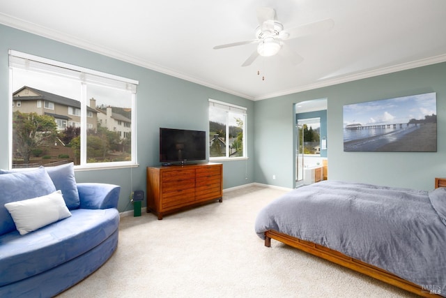 bedroom with baseboards, a ceiling fan, carpet flooring, and ornamental molding