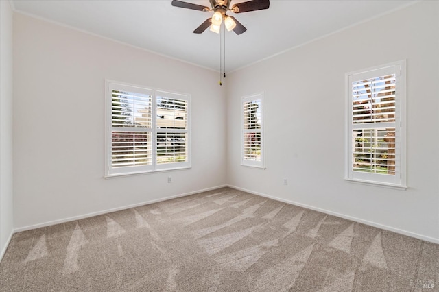 unfurnished room with carpet, a ceiling fan, and plenty of natural light