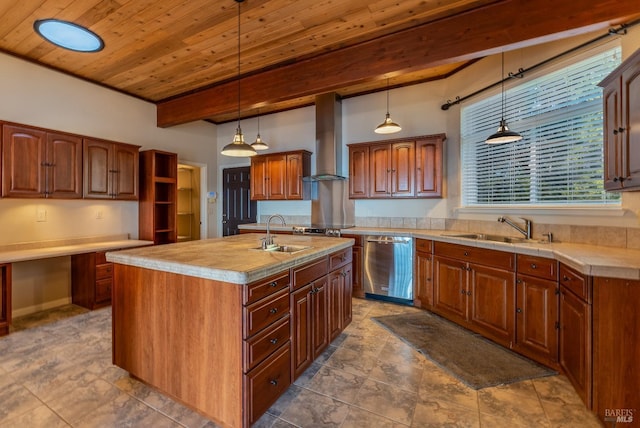 kitchen featuring wall chimney exhaust hood, dishwasher, a sink, and wood ceiling