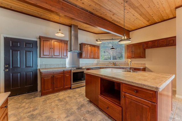 kitchen featuring stainless steel range with electric cooktop, wall chimney range hood, wooden ceiling, and a sink