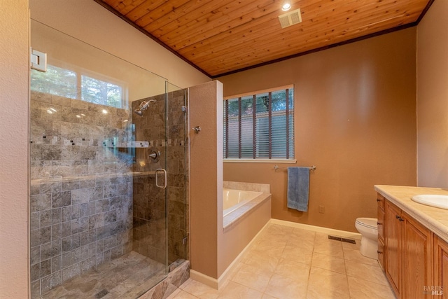 full bath featuring a shower stall, wooden ceiling, vanity, and visible vents