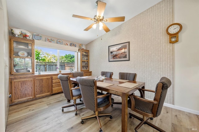 1119 Clelia Ct, Petaluma, CA 94954 - dining room featuring baseboards, a ceiling fan, light wood-style flooring, and wallpapered walls