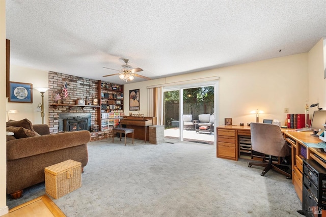 1119 Clelia Ct, Petaluma, CA 94954 - interior space featuring ceiling fan, a fireplace, a textured ceiling, and light colored carpet
