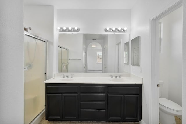 full bathroom with a shower stall, toilet, double vanity, and a sink